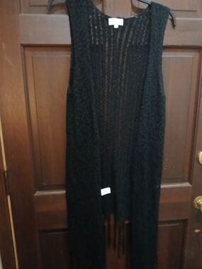 Zig Zag Stripe Black Open-Knit Long Vest with Fringe Size L/XL Witchy Boho